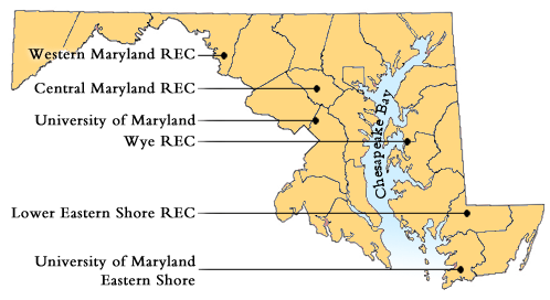 map of Maryland with research locations identified